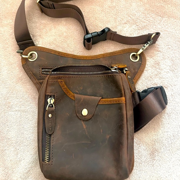 Mens Genuine Leather Waist Pack Messenger Motorcycle Waist Pack Shoulder Drop - Picture 1 of 4